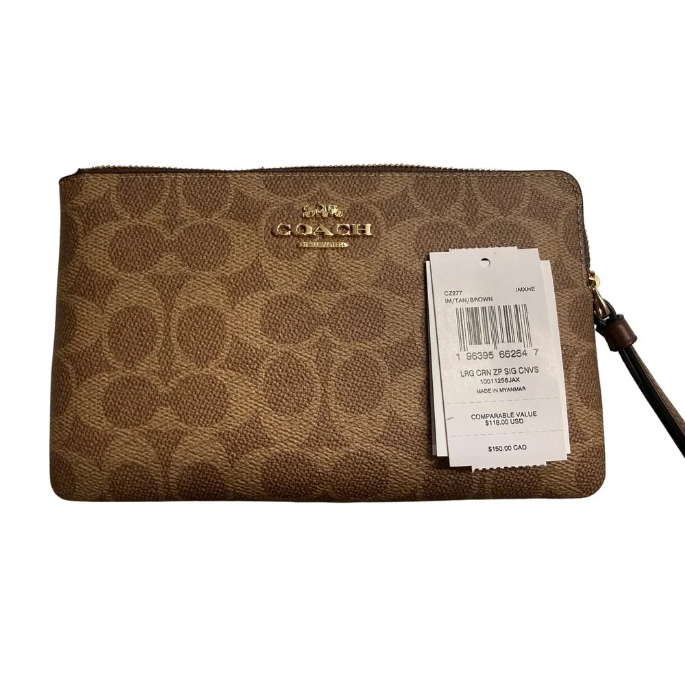Coach Signature Canvas Brown/Tan Print Wristlet and Sunglass‎ Case